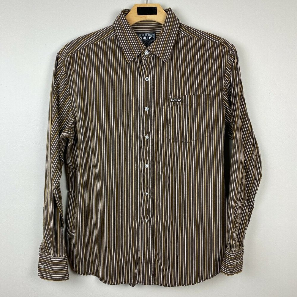 Avirex Button Down Shirt L Brown Mustard Yellow Striped Long Sleeve Men